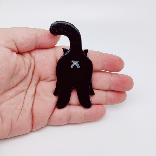 Magnet d'une vu arrière des fesses de chat noir dans une main